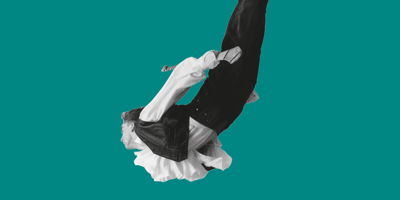 An upside down image of a figure mid-jump with their head thrown back
