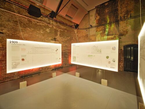 Exposition panels hanging in the CoisCéim studio