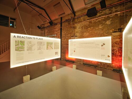 Exposition panels hanging in the CoisCéim studio