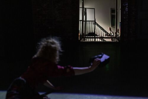 Justine Cooper silhouetted looking towards a mirror in the background reflecting Jonathan Mitchell