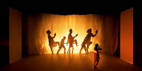 A figure on stage with shadows cast along the back of other figures in movement