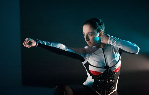 A close-up of a figure in movement