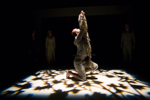 A figure in movement cast under dappled lighting on stage