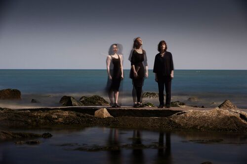 Three figures standing along a seascape