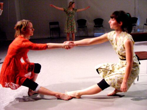 Two participants in counter balance with one leg and one arm stretched towards each other