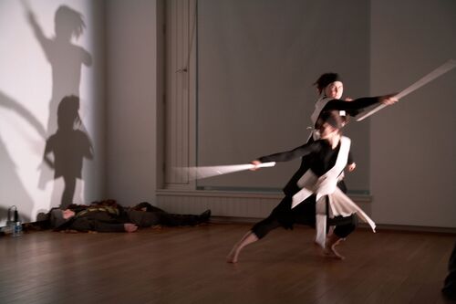 Two participants in movement each with a long staff in hand casting shadows on a wall