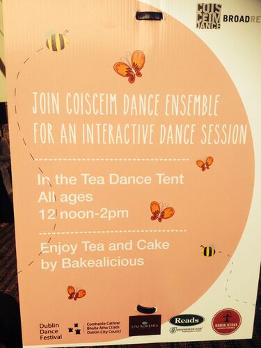 A sign reading 'Join CoisCéim Dance ensemble for an interactive dance session'