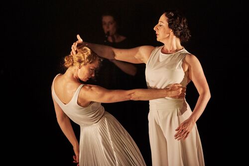 Two figures in movement together