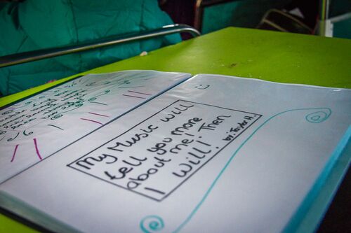 A sheet in a folder that reads 'My music will tell you more about me then I will'