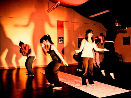 An ensemble of participants in movement with long shadows cast on a wall behind them