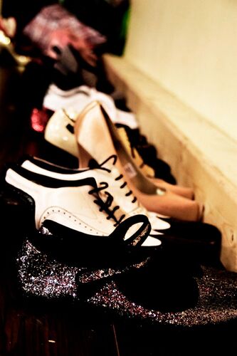 A row of shoes lined up along a wall