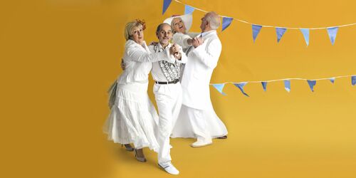 Two pairs of participants all in white in movement together with blue bunting behind